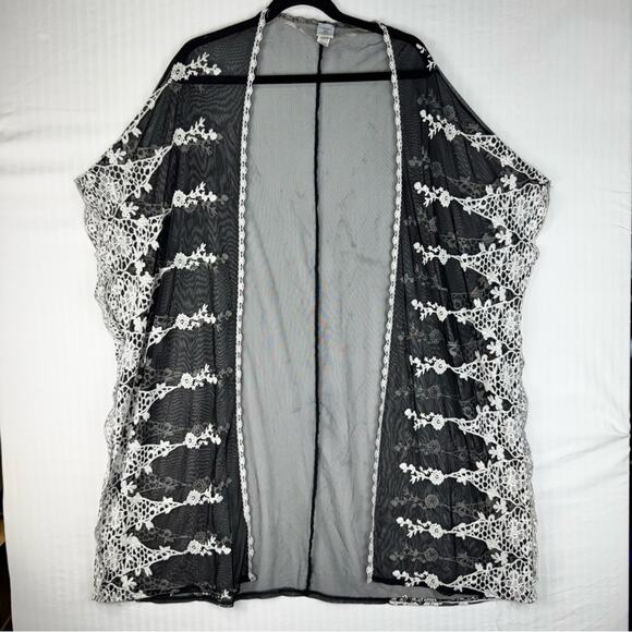Time & Tru Black Sheer Kimono Duster White Floral Lace Trim Women Size Large/XL - Picture 1 of 6